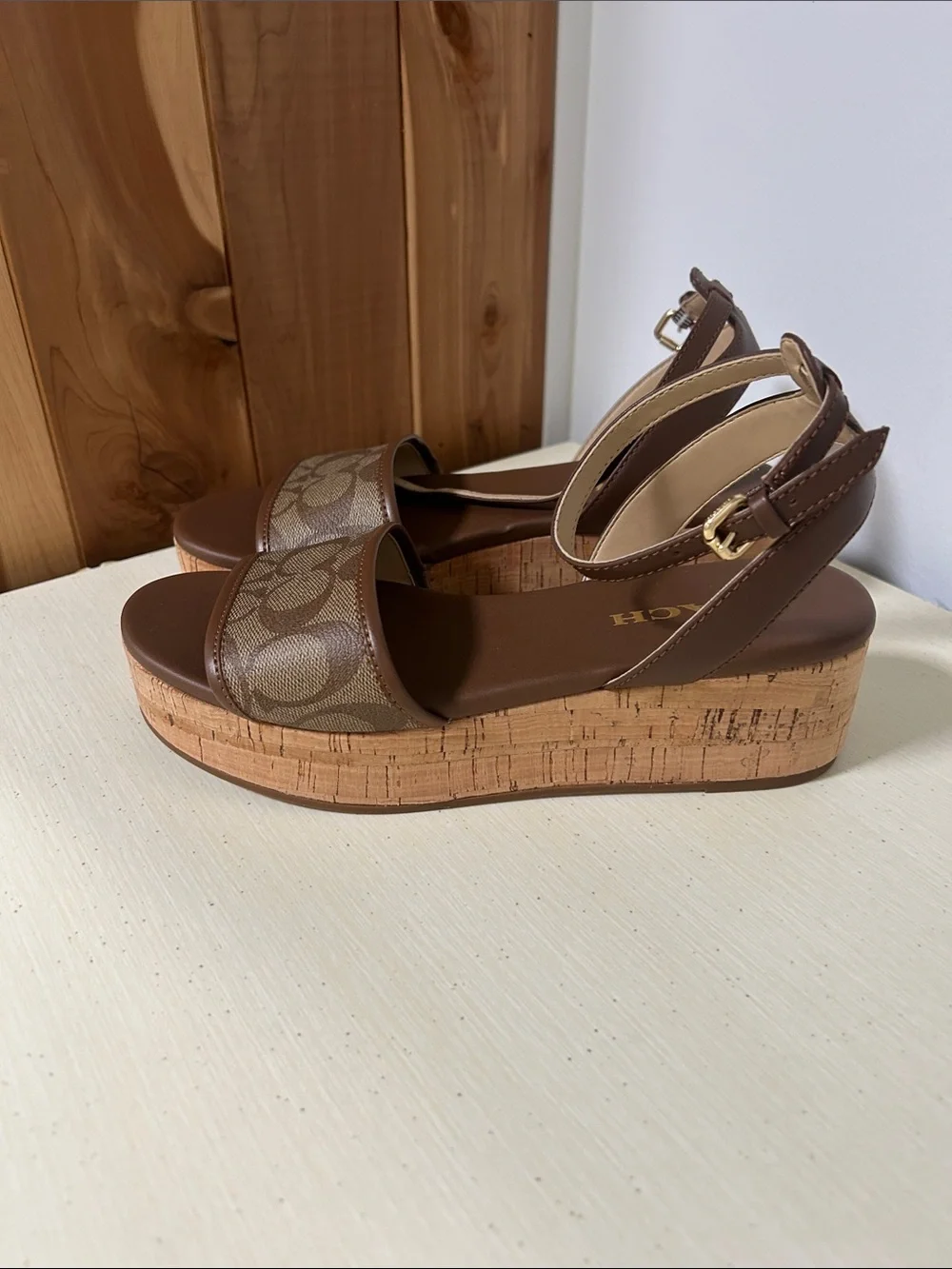 Coach Brown Signature Canvas Cork Platform Sandals with Ankle Strap NWOT